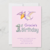 Cute Dinosaur Pterodactyl 1st Birthday Party Girls Kaart (Voorkant)