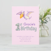 Cute Dinosaur Pterodactyl 1st Birthday Party Girls Kaart (Staand voorkant)