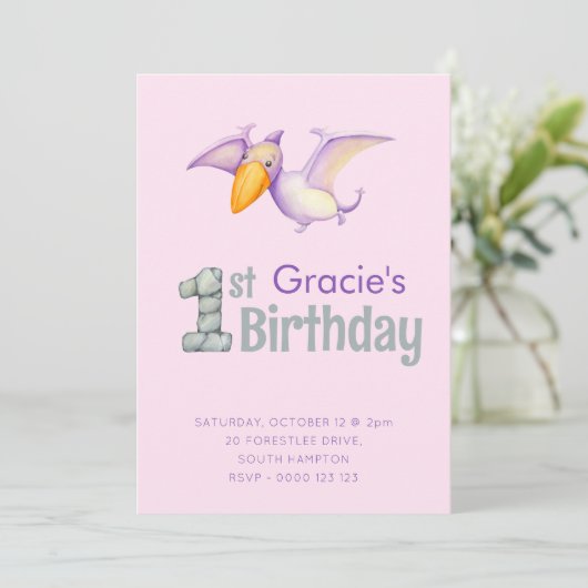 Cute Dinosaur Pterodactyl 1st Birthday Party Girls Kaart (Staand voorkant)