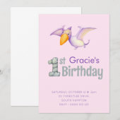 Cute Dinosaur Pterodactyl 1st Birthday Party Girls Kaart (Voorkant / Achterkant)