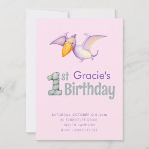 Cute Dinosaur Pterodactyl 1st Birthday Party Girls Kaart