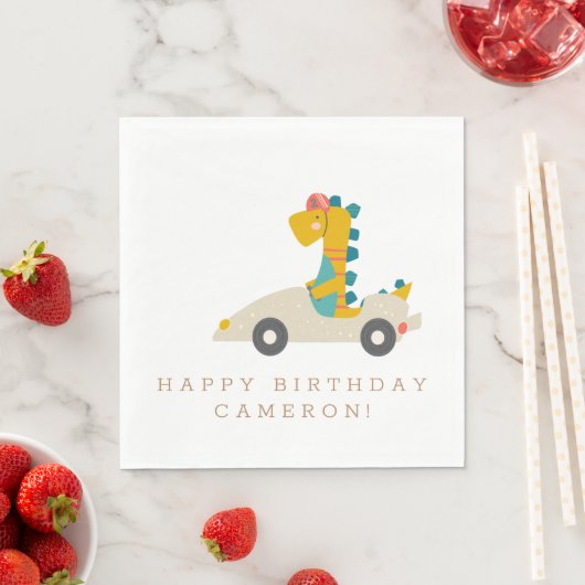 Cute Dinosaur Race Car Personalized Birthday Party Servet (Insitu)