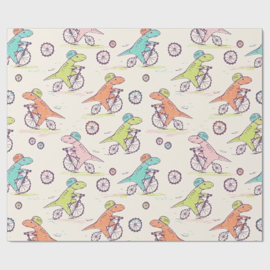 Cute Dinosaur Racing Bikes Whimsical Pattern Cadeaupapier (Vlak)