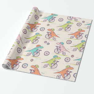Cute Dinosaur Racing Bikes Whimsical Pattern Cadeaupapier