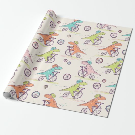 Cute Dinosaur Racing Bikes Whimsical Pattern Cadeaupapier (Uitgerold)