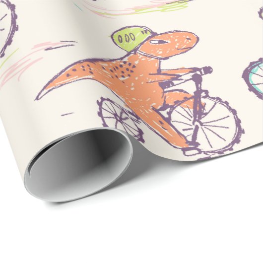 Cute Dinosaur Racing Bikes Whimsical Pattern Cadeaupapier (Rol Hoek)