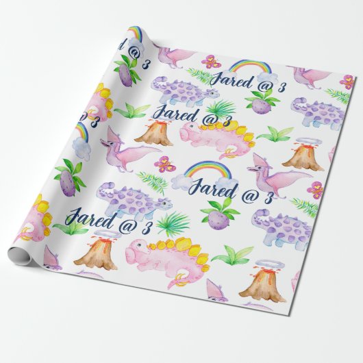 Cute Dinosaur Rainbow Waterverf Kids Birthday Cadeaupapier (Uitgerold)