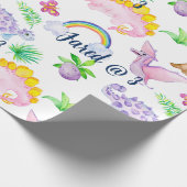 Cute Dinosaur Rainbow Waterverf Kids Birthday Cadeaupapier (Hoek)