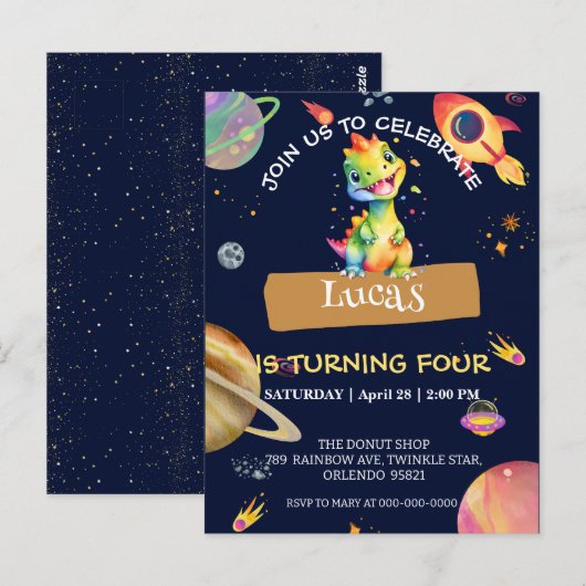 Cute Dinosaur regenboog Galaxy ruimte verjaardagsf Briefkaart (Voorkant / Achterkant)