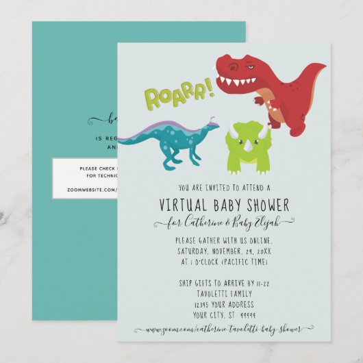 Cute Dinosaur ROAR Boy Baby Virtual Shower Kaart (Voorkant / Achterkant)