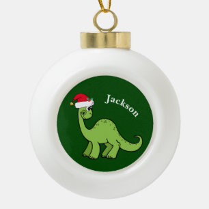 Cute Dinosaur Santa Green Kinderen Monogram Keramische Bal Ornament