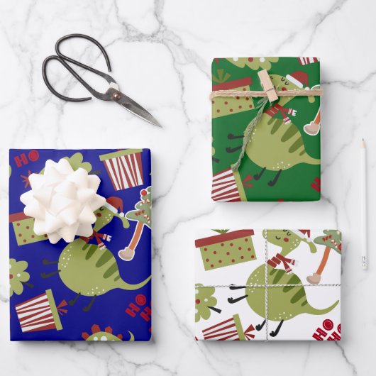 Cute Dinosaur Santa Kerstmis Pattern Inpakpapier Vel (Voorkant)