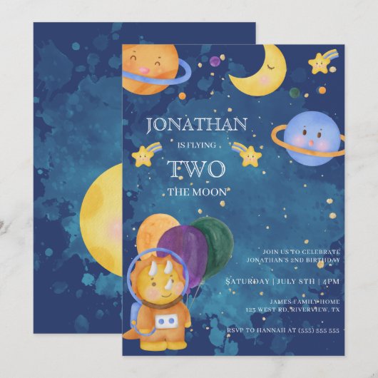 Cute Dinosaur Space Two the Moon Birthday Kaart (Voorkant / Achterkant)