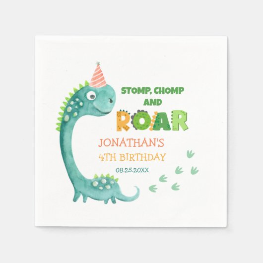 Cute Dinosaur Stamp Chomp Brul Verjaardag Servet (Voorkant)