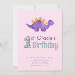 Cute Dinosaur Stegosaurus 1st Birthday Party Girls Kaart