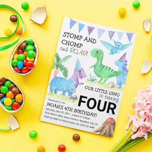 Cute Dinosaur Stomp, Chomp & Roar 4th Birthday Kaart