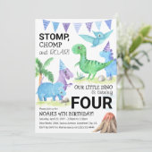 Cute Dinosaur Stomp, Chomp & Roar 4th Birthday Kaart (Staand voorkant)