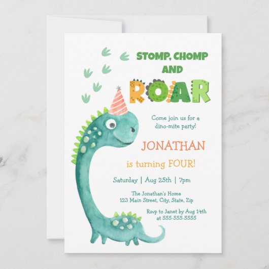 Cute Dinosaur Stomp Chomp Roar Birthday Kaart (Voorkant)