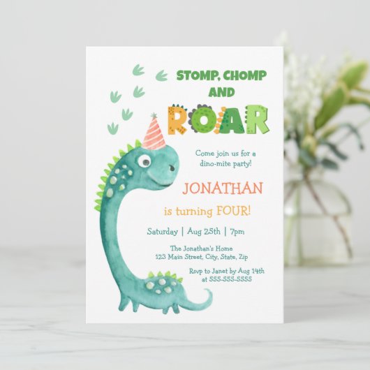 Cute Dinosaur Stomp Chomp Roar Birthday Kaart (Staand voorkant)