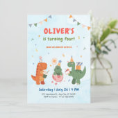 cute dinosaur t-rex kids 4th Birthday Invitation   Kaart (Staand voorkant)