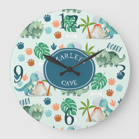 Cute Dinosaur T Rex Pattern Jurassic Kinder Room Grote Klok (Voorkant)