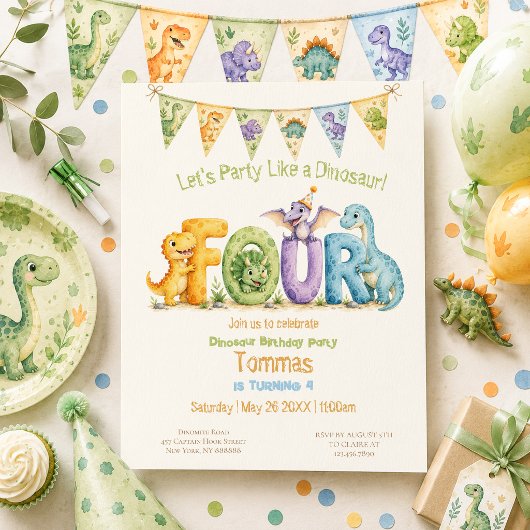 Cute Dinosaur Thema 4 Verjaardag Kaart