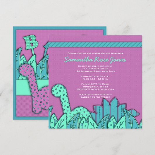 Cute Dinosaur Theme Baby shower - Paarse Turquoise Kaart (Voorkant / Achterkant)