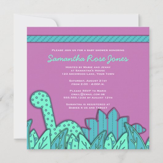 Cute Dinosaur Theme Baby shower - Paarse Turquoise Kaart (Voorkant)