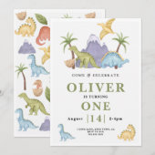 Cute Dinosaur Theme Birthday Invitation Kaart (Voorkant / Achterkant)