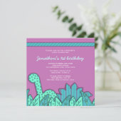Cute Dinosaur Theme Birthday Party - Turquoise Kaart (Staand voorkant)
