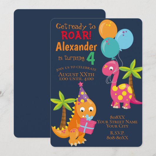 Cute Dinosaur Theme Party on Navy Blue Kaart (Voorkant / Achterkant)