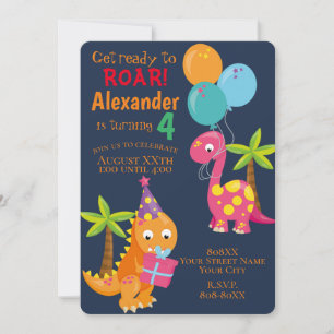 Cute Dinosaur Theme Party on Navy Blue Kaart