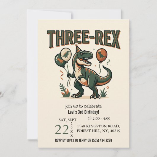 Cute Dinosaur Three-Rex 3e verjaardagsuitnodiging Kaart (Voorkant)