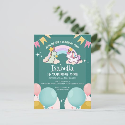 Cute Dinosaur Unicorn regenboog Ballon verjaardag Briefkaart (Staand voorkant)