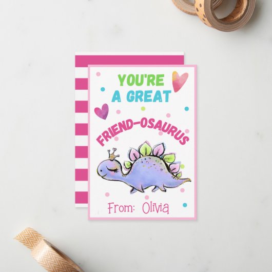 Cute Dinosaur Valentijn Kaart voor Kind Friend-Osa Notitiekaartje (Voorkant / Achterkant in situ)