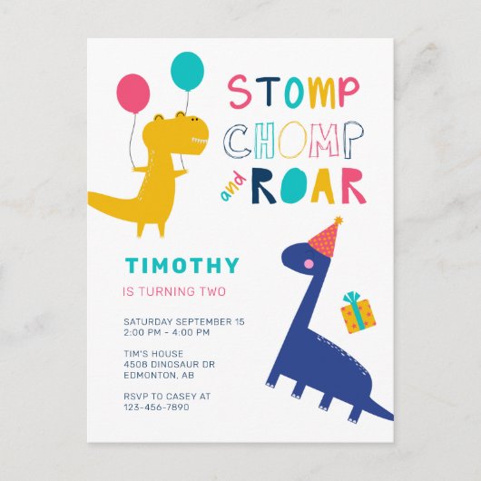 Cute Dinosaur Verjaardag Kleurrijk Feest Jongens  Briefkaart (Voorkant)