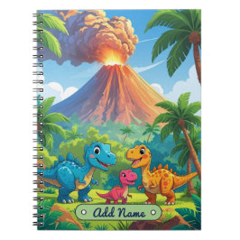 Cute Dinosaur Vulkaan Notitieboek – Bewerkbare Naa