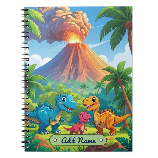 Cute Dinosaur Vulkaan Notitieboek – Bewerkbare Naa (Voorkant)