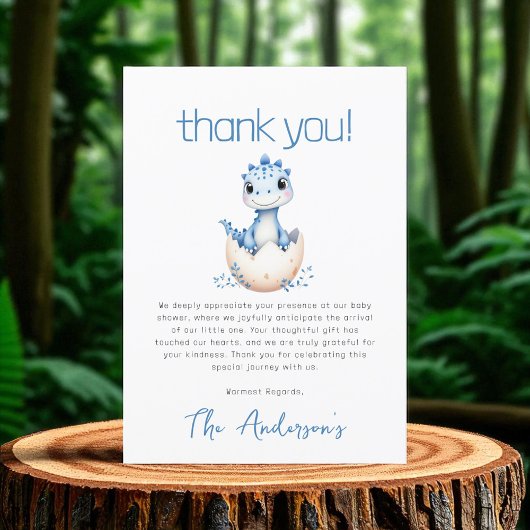 Cute Dinosaur Watercolor Blue Baby Shower Bedankkaart