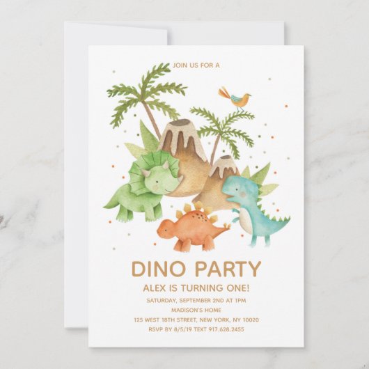 Cute  Dinosaur Watercolor Verjaardagsfeestje  Kaart (Voorkant)