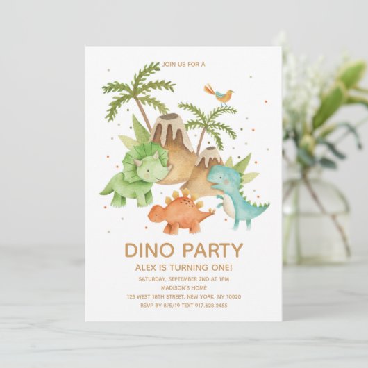 Cute  Dinosaur Watercolor Verjaardagsfeestje  Kaart (Staand voorkant)