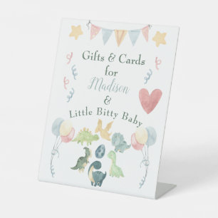Cute Dinosaur Waterverf Baby shower Blue Reclamebord Met Voetstuk