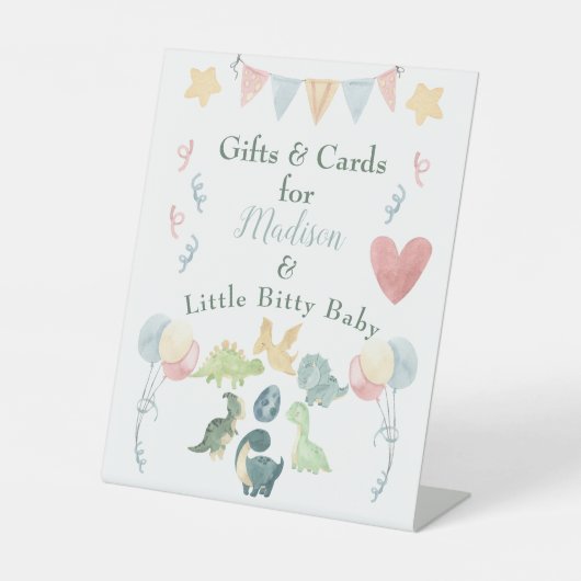 Cute Dinosaur Waterverf Baby shower Blue Reclamebord Met Voetstuk (Voorkant)