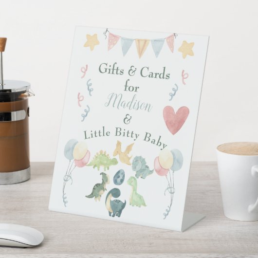 Cute Dinosaur Waterverf Baby shower Blue Reclamebord Met Voetstuk