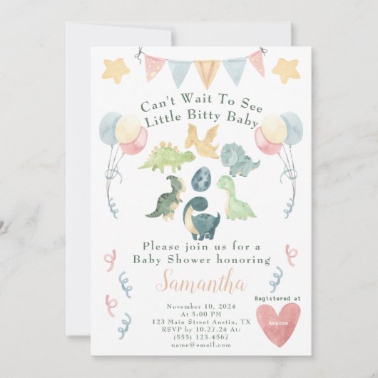 Cute Dinosaur Waterverf Baby shower Kaart (Voorkant)