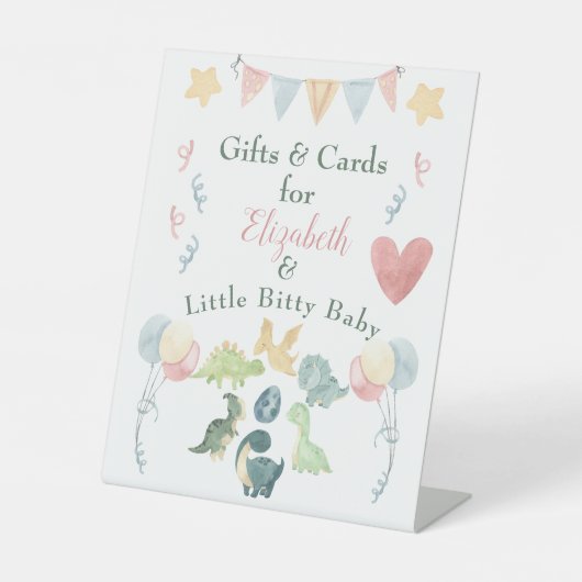 Cute Dinosaur Waterverf Baby shower Roze Reclamebord Met Voetstuk (Voorkant)