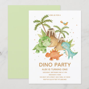 Cute Dinosaur Waterverf Birthday Party Kaart