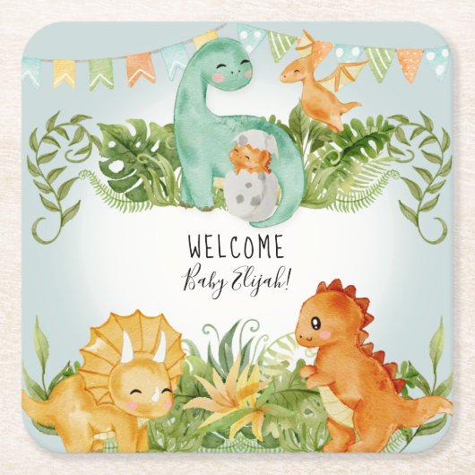 Cute Dinosaur Waterverf Foliage Baby Boy Shower Kartonnen Onderzetters (Voorkant)