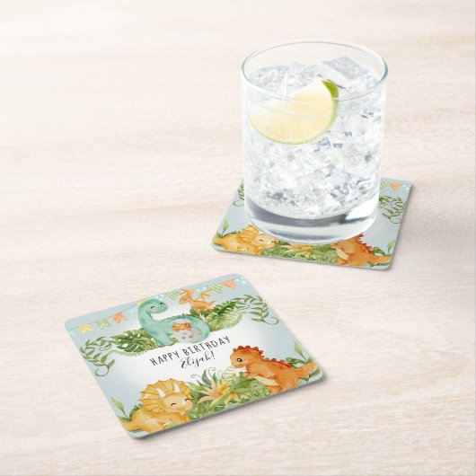 Cute Dinosaur Waterverf Foliage Birthday Party Kartonnen Onderzetters (Insitu)