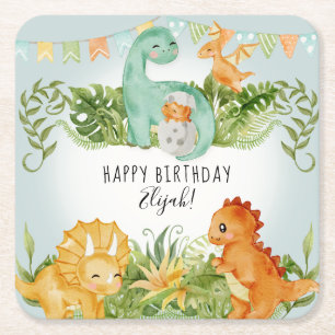 Cute Dinosaur Waterverf Foliage Birthday Party Kartonnen Onderzetters